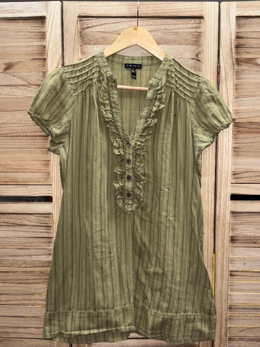 FANG Olive Green Striped Ruffle Tunic Top | Size Large